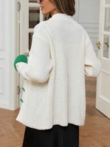 Aveloria Women's Fall & Winter Color Block  Crochet Chunky Knit V-Neck  Open Front Loose Cardigan Outerwear Coats - Beige - View 2