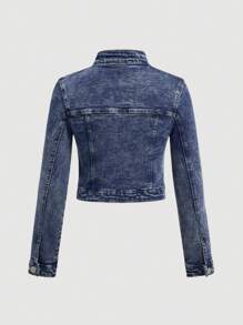 SHEIN 1pc Teen Girl Y2K Blue Denim Motorcycle Jacket,Fall Back To School Cute Clothes Outfits - Dark Wash - View 3