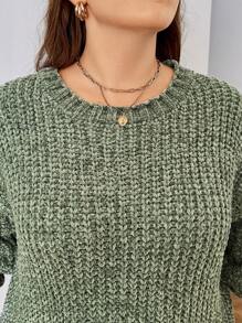 Calvaya 大码女式纯色简约圆领长袖针织套头衫，秋冬款 - 綠色 - 查看 5