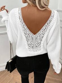 EMERY ROSE Plain Crew Neck Long Sleeve Contrast Guipure Lace Minimalist Sweater, Casual Daily Wear, Knit Pullover Fall Winter - White - View 6