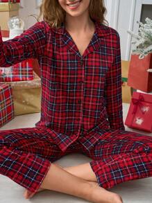 SHEIN Cottnline 100% Cotton 2pcs Plaid Button Front Christmas Homewear Set - Red - View 1