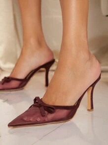 SHUZIA 女士尖头细高跟鞋小猫高跟日常优雅经典派对 PU 网眼酒红色凉鞋穆勒鞋圣诞节秋冬 - 酒紅色 - 查看 4