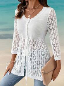 SHEIN LUNE INS Style Fashion Vacation Adjustable Drawstring Hollow Out Cardigan - Beige - View 4