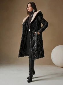 Anewsta 女士宽松葫芦形毛绒拼接长款羽绒服 - 黑色 - 查看 4