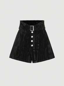 SHEIN MOD Women's Black Velvet High-Waist Embossed Shorts - Black - View 1