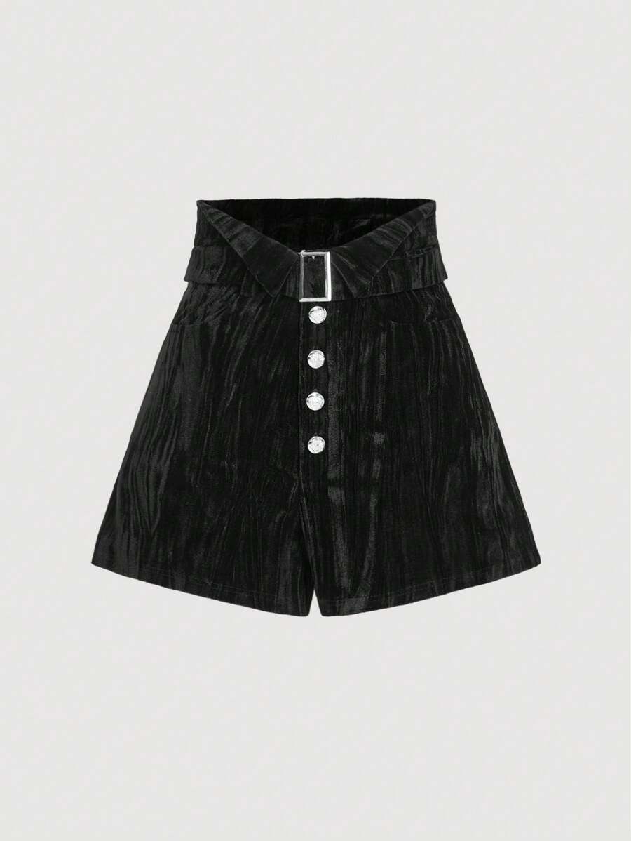 SHEIN MOD Women's Black Velvet High-Waist Embossed Shorts - Black - View 1