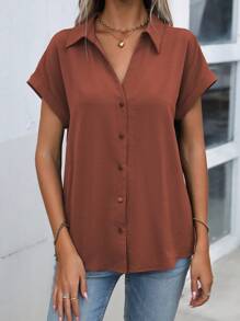 EMERY ROSE Áo sơ mi tay cánh dơi màu nâu đơn giản, rộng rãi cho nữ, mùa hè và mùa thu - Rỉ Nâu - Xem 5