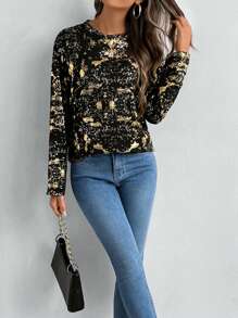 SHEIN Clasi 女士休闲落肩圆领烫花 T 恤，春秋装 - 黑色 - 查看 6