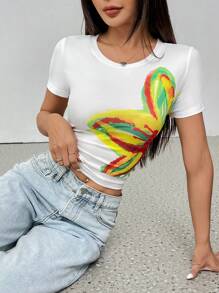 Chiquease 女士花卉印花短袖圆领短款修身 T 恤 - 彩色 - 查看 4