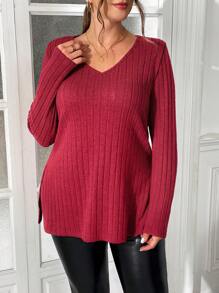 SHEIN Essnce 大码女式秋季休闲宽松舒适 V 领长袖红色 T 恤、秋季女装、圣诞女上衣、可爱上衣、红色上衣 - 紅色 - 查看 6
