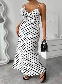 Celure Plus Size Women Elegant 3D Floral Decor Ruffle Hem Polka Dot Slip Dress - White - View 4