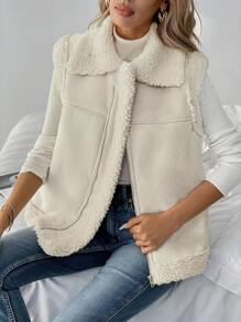 SHEIN LUNE Áo khoác nữ cổ bẻ màu be có khóa kéo cho mùa thu/đông - Màu be - Xem 6