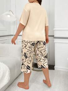 Cute Plus Size Women Pajama Set With Cartoon Bear Print And Pocket, Soft Knit Fabric Round Neck PJ Set - Multicolor - View 2