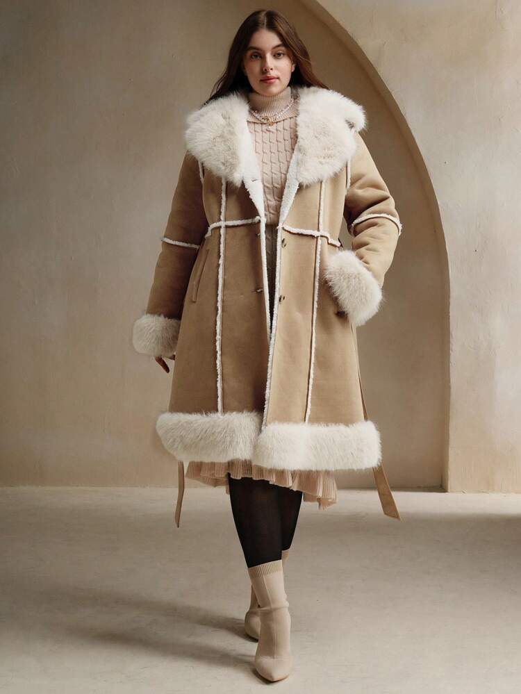 Jacke mit dickem pelzigen Kragen, fluffiger Pelzbesatz an der Taille, in Große Größen, für den Winter