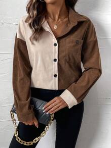 SHEIN LUNE Women's Button-Up Long Sleeve Colorblock Design Fashionable Charming Shirt