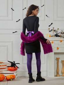 Women's New Fashion Halloween Black Crew Neck Long Sleeve Cinched Waist Bow Skater Dress, Purple Glitter Shawl, Black & Purple Striped Leggings, Dark Goth Style, Mommy And Me Matching Outfits (2 Sets Sold Separately) Fall Cloth For Women - Multicolor - View 2