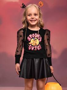 SHEIN X Care Bears Áo thun tay bồng in họa tiết gấu hoạt hình Halloween cho bé gái - màu đen - Xem 3