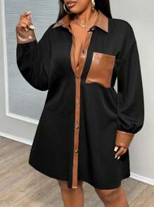 Slaydiva Camisa larga informal de mujer de talla grande con bloques de color y parche de PU