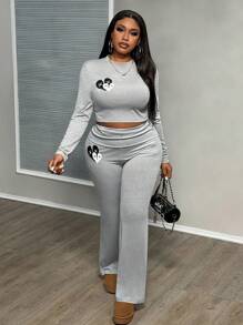 Slaydiva Áo dài tay in hình trái tim màu xám thanh lịch giản dị cỡ lớn và quần dài cho nữ 2 món/bộ - Xám - Xem 6