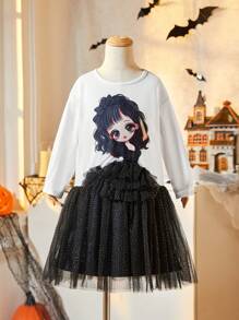 SHEIN Young Girl White Autumn Fairy Birthday Ballet Girl Dancing Tulle Dress,Fashion Casual Elegant Sweet Warm Comfortable For Party,Street,Daily Wear - Navy Blue - View 1