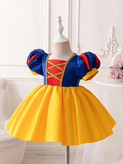 Glamorique Kids Vestido de tul esponjoso de Navidad y Halloween para bebés niñas, vestido de fiesta con manga abullonada, ribete dorado, falda azul marino y amarillo para fiesta, lindo disfraz de cosplay
