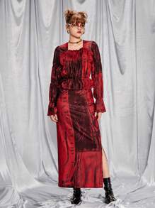 SHEIN 万圣节少女牛仔印花短款上衣和长裙套装，适合搭配单肩包、背包、斜挎包、棒球帽、渔夫帽、贝雷帽、踝靴、休闲鞋、玛丽珍鞋、太阳镜、耳机 - 紅色 - 查看 6