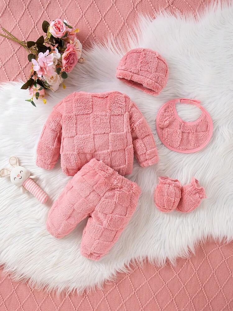 SHEIN 5 件套刺绣保暖内衬服装礼品套装，适合女婴，温暖舒适，休闲风格，秋冬 - 粉色 - 查看 2