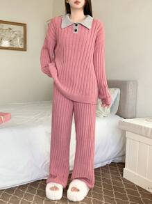 DAZY Knitted Colorblock Lapel Design Loose Homewear Set Fall,Winter Pajama