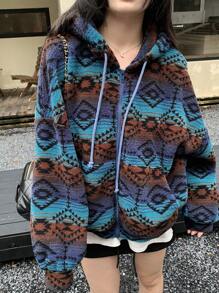 DAZY 女士加厚保暖撞色宽松卫衣波西米亚风卫衣，带保暖内衬秋冬外套 - 藍色 - 查看 2