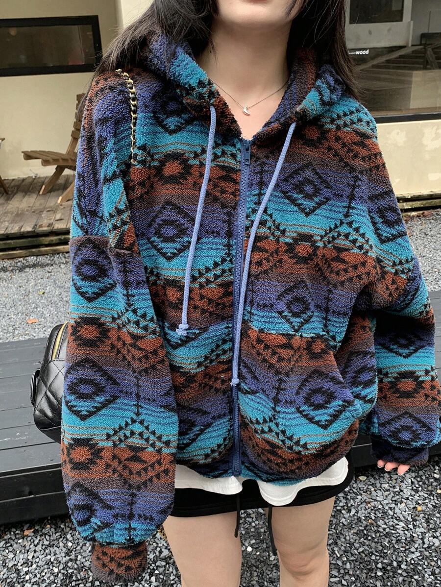 DAZY Áo nỉ dày dặn ấm áp, nhiều màu sắc, dáng rộng phong cách Boho, có mũ trùm đầu, lót nhiệt, áo khoác mùa thu, mùa đông - Màu xanh lam - Xem 1