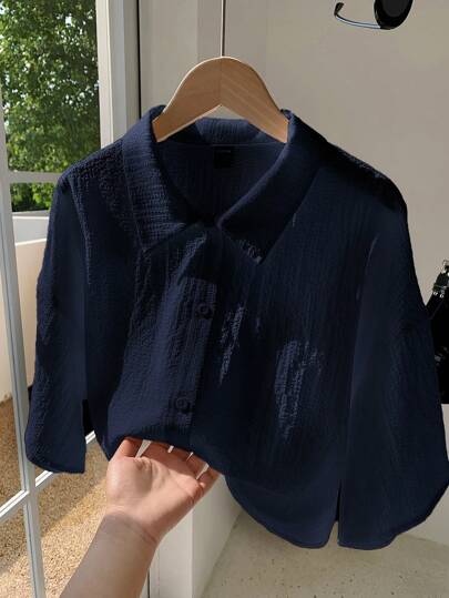 Comfortcana Navy Blue Woven Women's Cropped Shirt