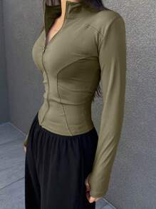 DAZY 女士纯色前拉链长袖夹克，休闲和日常穿着 - 軍綠色 - 查看 2