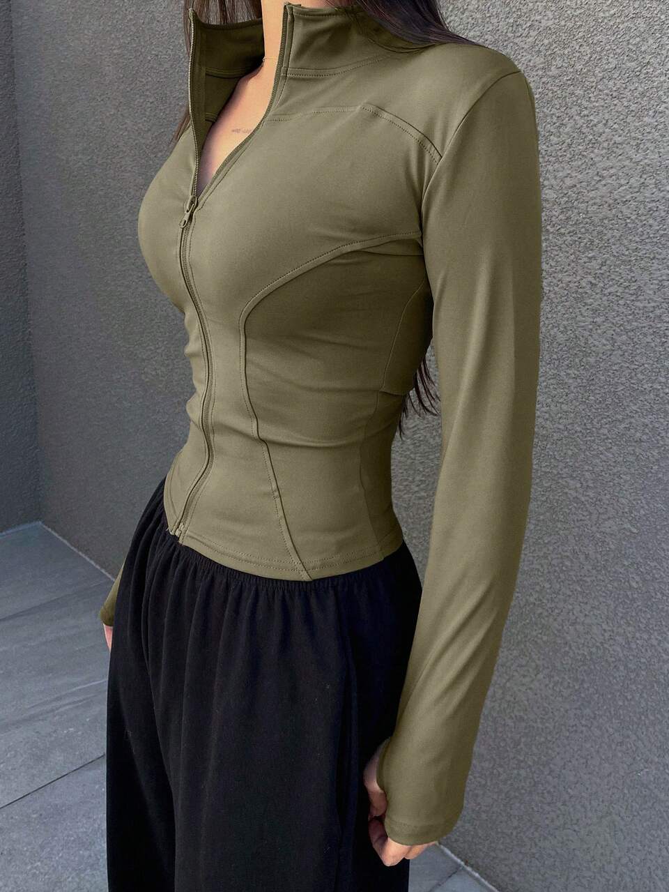 Women's Solid Color Front Zipper Long Sleeve Jacket, Casual & Everyday Wear