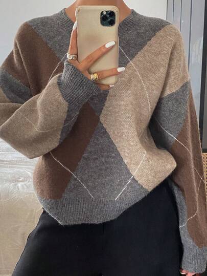 Livesso Suéter feminino xadrez solto de manga comprida e gola redonda, roupas de outono, blusas de manga comprida