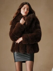 Anewsta Áo khoác lông cáo giả thời trang mới cho nữ, áo khoác lông ấm áp cho mùa thu đông - Cà phê nâu - Xem 8