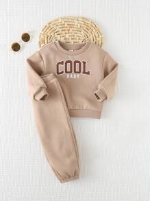Cozy Pixies 2pcs Baby Boy Letter Pattern Soft Knit Crew Neck Long Sleeve Sweatshirt And Jogger Pants Set - Khaki - View 4