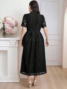 Modelyn 大码女式夏季立领蕾丝泡泡袖优雅连衣裙长款晚礼服 - 黑色 - 查看 2