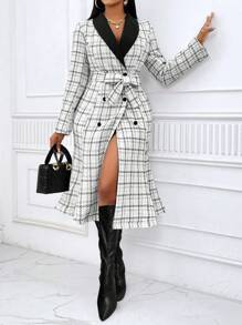 Zolique Slayr 女式双排扣腰带长款撞色鱼尾下摆优雅粗花呢冬季外套 - 黑與白 - 查看 1