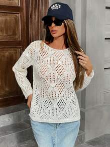 EMERY ROSE 女士钩针编织圆领轻薄镂空长袖水钻装饰性感针织毛衣，秋冬针织套头衫 - 白色 - 查看 7