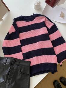 DAZY Women's Loose Fit Contrast Color Crew Neck Sweater,Fall Women Clothes