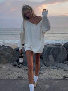 INAWLY 女士纯色露肩长袖简约运动衫，休闲日常穿着 - 白色 - 查看 4