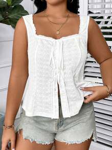 Calvaya Plus Eyelet Embroidery Knot Front Tank Top - White - View 1
