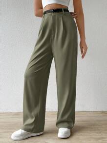 SHEIN EZwear Quần ống đứng thường ngày cho nữ có thắt lưng, thời trang đường phố - màu xanh lá - Xem 4