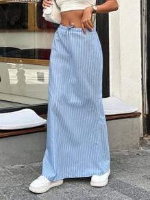 EURMUSE Cotton Regular Fit Striped Mermaid Hem Maxi Skirt - Blue - View 5