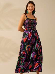 CAJUNI Women's Colorful Heart Print, Boho Print Halter Big Swing Long Dress, Holiday Casual Beach Summer Black Dress - Multicolor - View 6