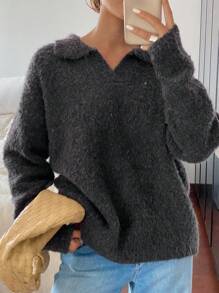 DAZY Oversized Casual Basic Long Sleeve Polo Neck Sweater,Fall Women Clothes - Black - View 1