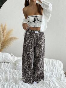 SHEIN EZwear Quần ống rộng ống loe họa tiết chữ và da báo cho nữ - Màu Khaki - Xem 6