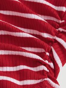 SHEIN MOD Áo thun nữ ngắn tay, viền tam giác, cổ gập, sọc đỏ trắng - Đỏ và trắng - Xem 4