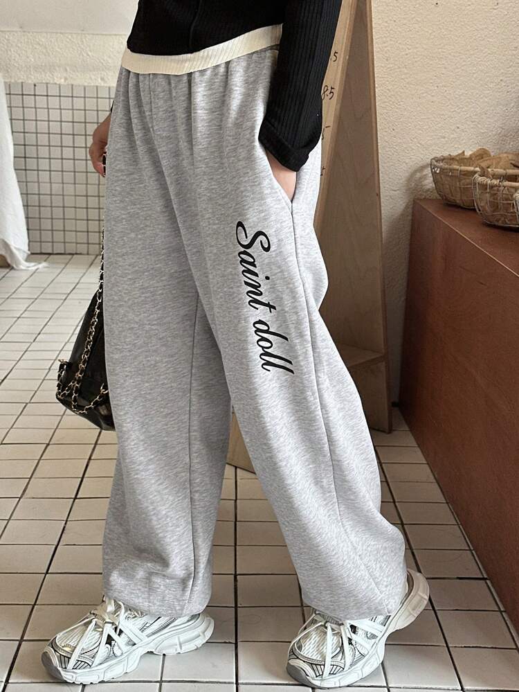 Tween Girl Letter Print Fleece Sweatpants, Fall