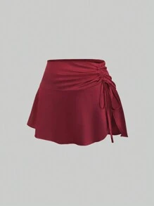 Sweetra 纯色褶裥缎面抽绳迷你裙 - 休闲度假酒红色 - 酒紅色 - 查看 1